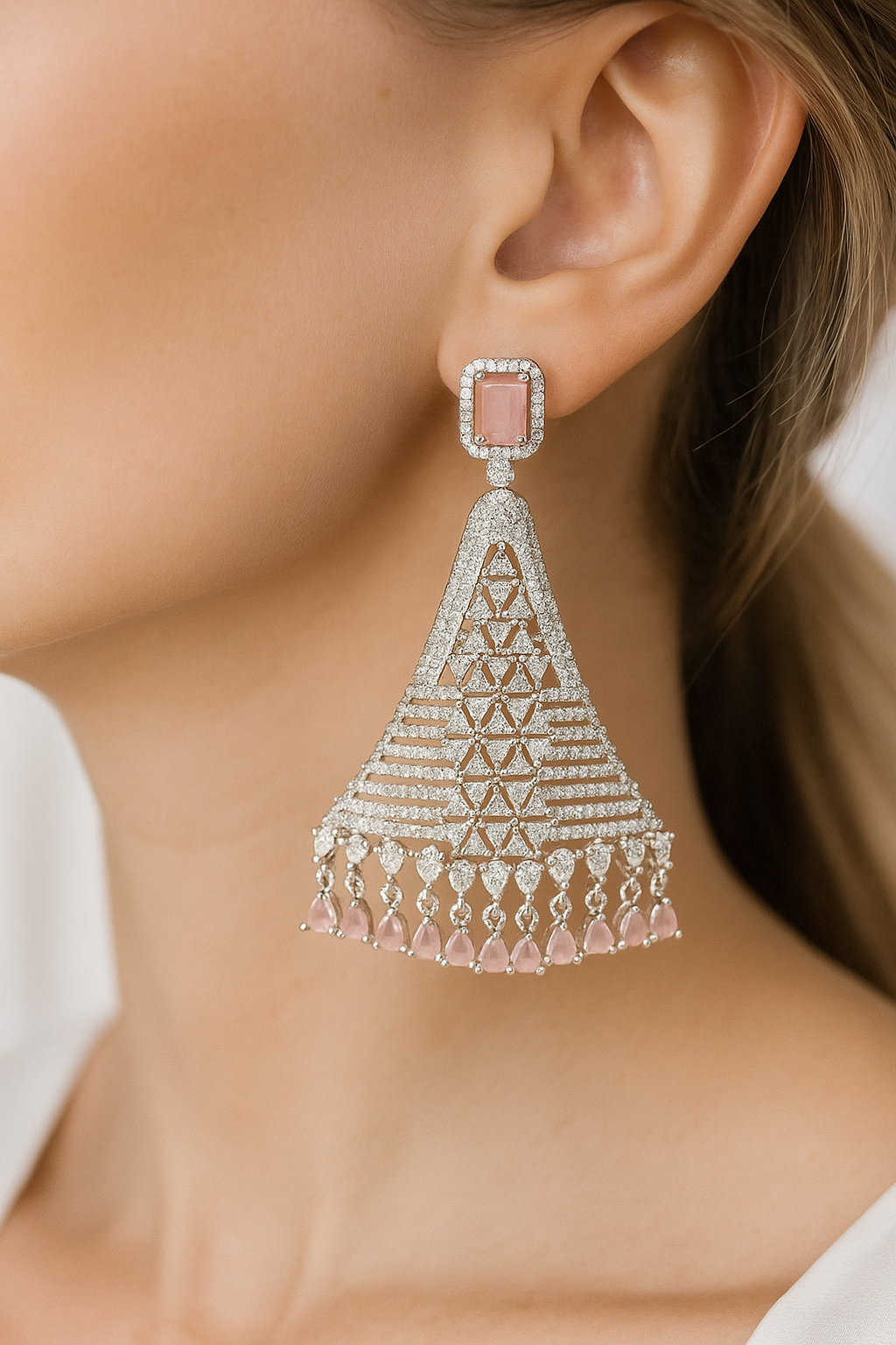 Pink Stone Diamond Look Long Designer Earrings